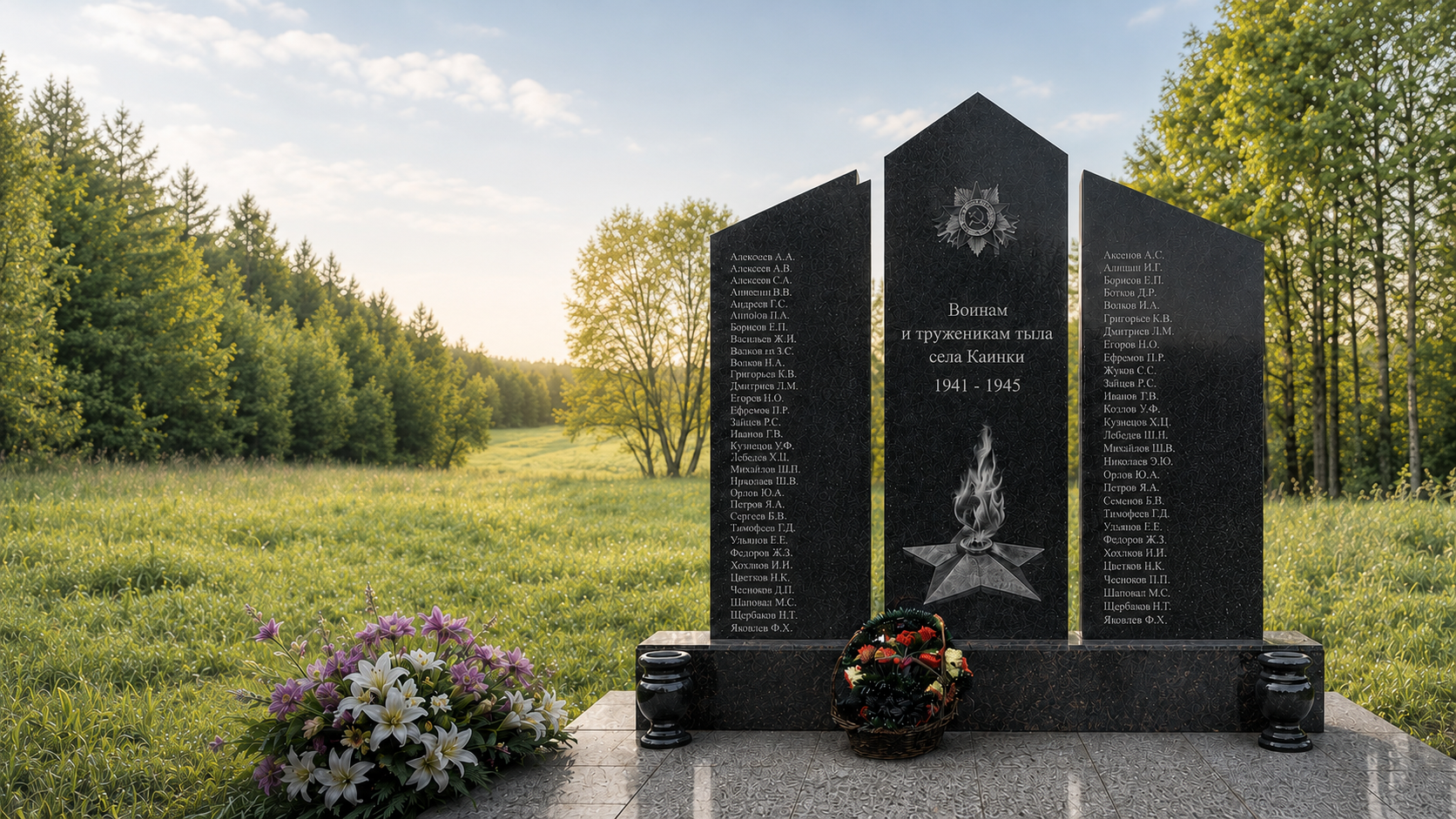 Гранитный мемориал на фоне леса